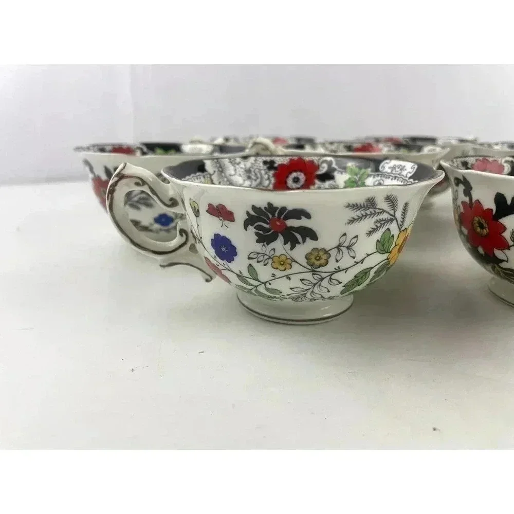 VTG Set of 7 Swansea Tea‎ Cups Floral Pattern Bone China Canton Gold Trim